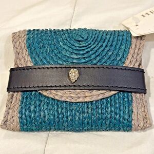 Helen Kaminski Teal and Beige Woven Straw Clutch with Black Leather Strap